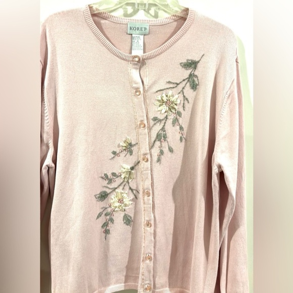Vintage Cottagecore Pink Embroidered Floral Beaded Knit Pullover Sweater‎ Sz XL
